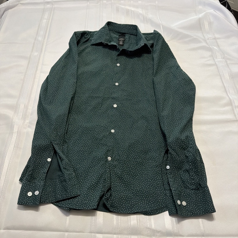 H&M Slim Fit Mens Button Down Shirt Green Polka Dot Long Sleeve Size M